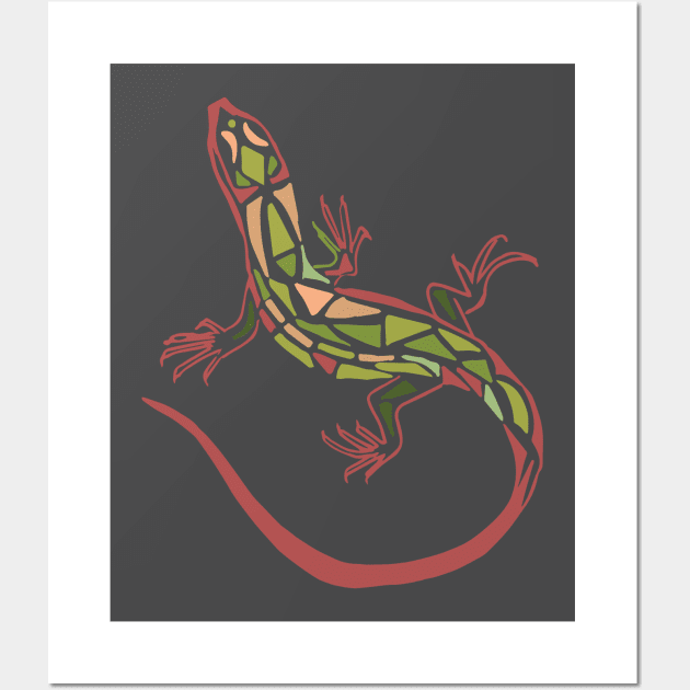 Lizard tribal green and maroon Wall Art by Catdog